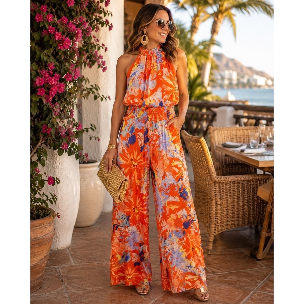 Vince Camuto Orange Tropical Floral Halter Wide Leg Jumpsuit Resort Medium